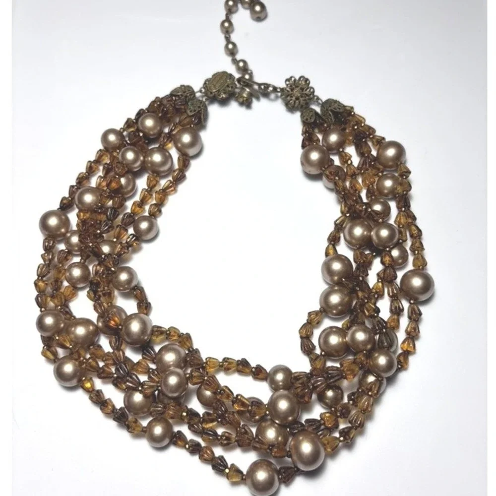 Vintage Miriam Haskell 5-Strand Necklace Amber Glass Pearl Signed Designer 50s